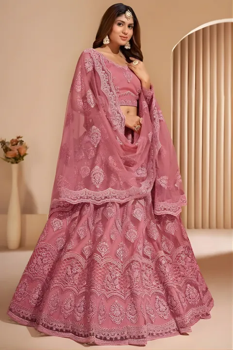 Embroidered Self Design Net Semi Stitched Lehenga Choli For Women
